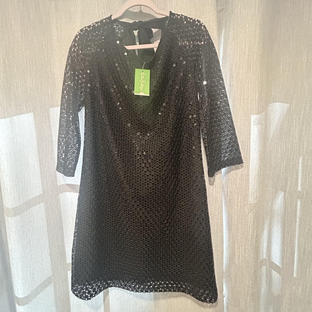 Lilly Pulitzer Dress Womens 12 Black Aaliyah Lace Sequin Shift 3/4 Sleeve Party
